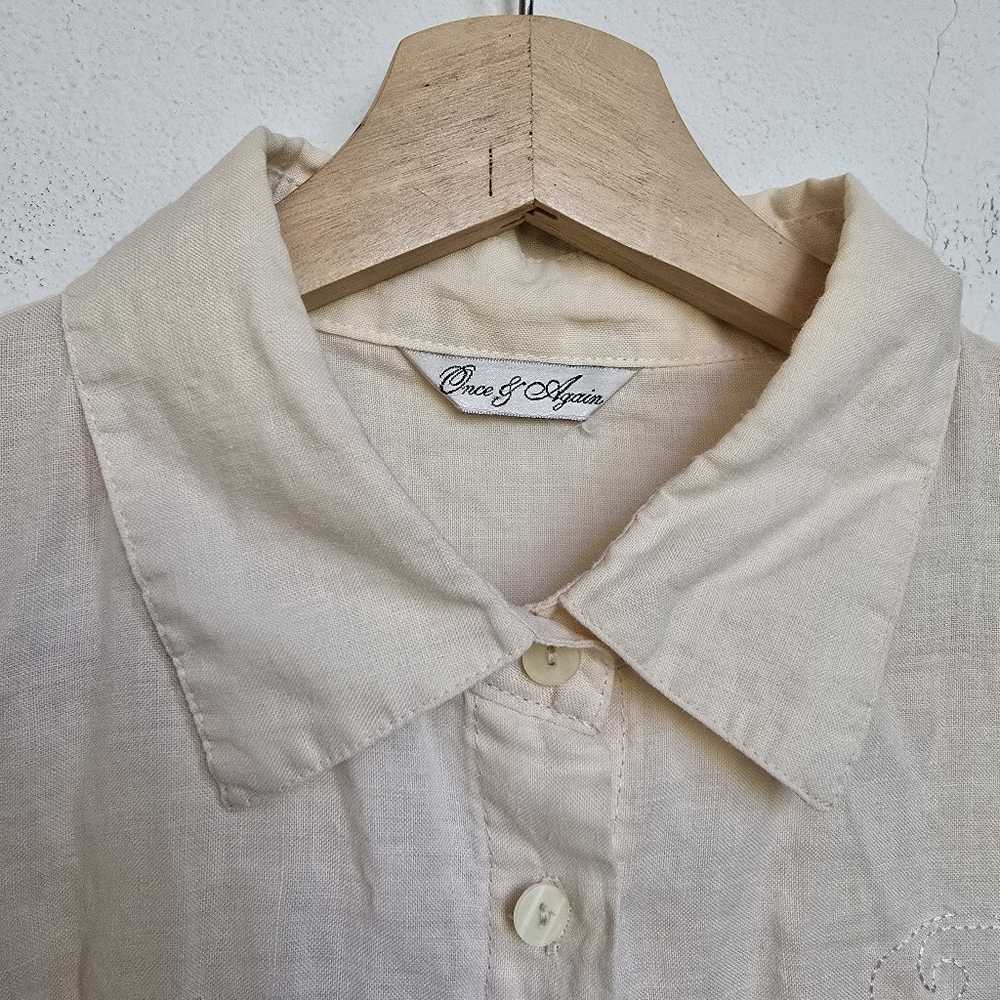 Once & Again 100% Linen Sleeveless Embroidered Button Down Cream Blouse XL - Picture 10 of 15